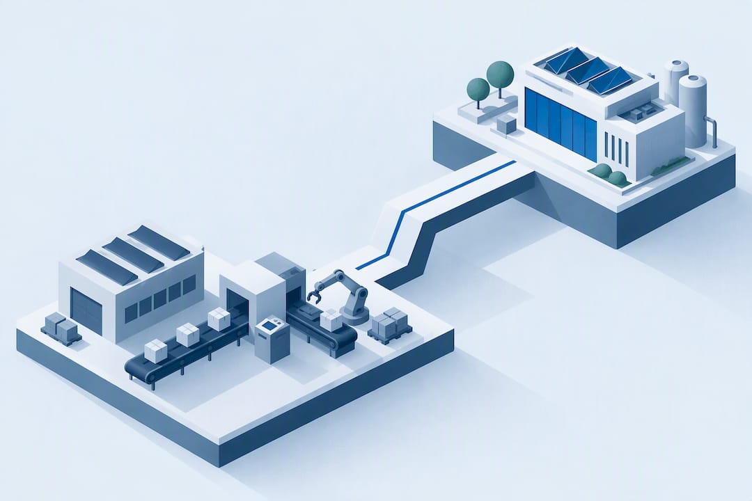 Illustrazione isometrica di un percorso industriale